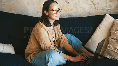 Buy stock photo Student, laptop and thinking with woman on sofa for college essay, online course and research thesis. University assignment, scholarship reflection and web with person in living room of home