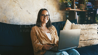 Buy stock photo Smile, laptop and portrait with student on sofa for college essay, online course and research thesis. University assignment, scholarship application and happy with person in living room of home