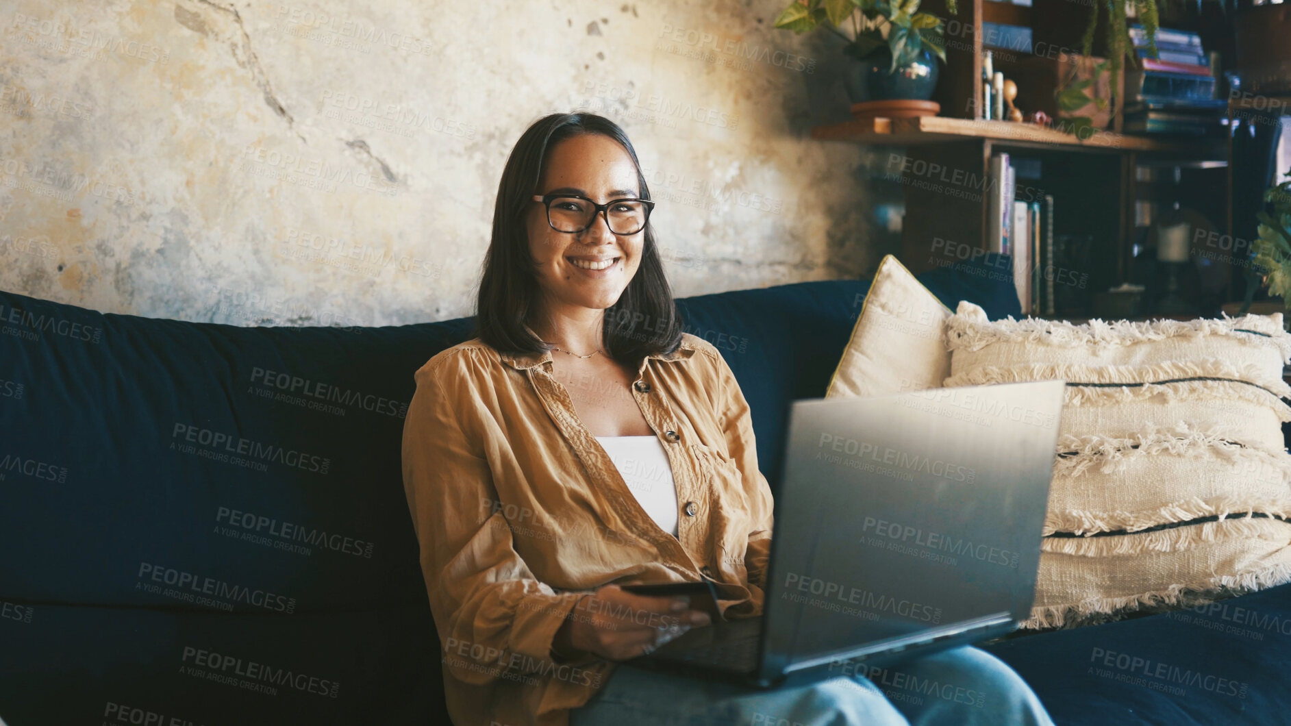 Buy stock photo Smile, laptop and portrait with student on sofa for college essay, online course and research thesis. University assignment, scholarship application and happy with person in living room of home