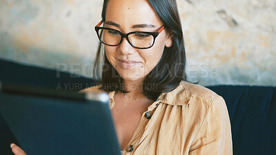 Buy stock photo Creative, online and woman with tablet, lounge and happy with article draft, freelancer and reporter. Reading, story and person with tech for project, journalism and remote work for news in home