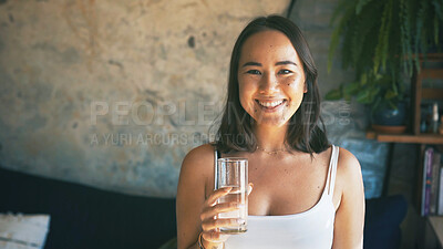 Buy stock photo Happy, woman and glass with water in home for liquid hydration, natural nutrients and body detox. Space, person and portrait with fresh beverage in apartment for refreshing drink, thirsty or wellness