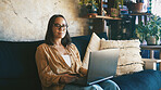 Relax, laptop and portrait with woman on sofa for social media, email communication and app. Connection, online chat forum and research with person in living room of home for post update and blog