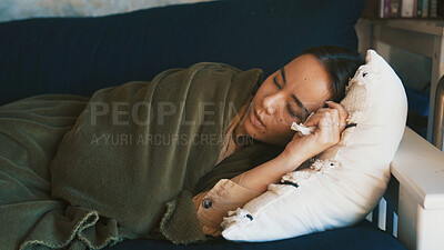Buy stock photo Sick, tired and woman with sleeping on sofa for flu burnout, viral infection or disease recovery. Respiratory illness, person and rest with blanket in home for healing, influenza fatigue or exhausted