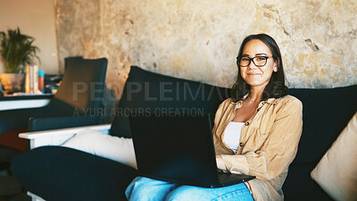 Buy stock photo Student, laptop and portrait with woman on sofa for college essay, online course and research thesis. University assignment, scholarship application and study with person in living room of home