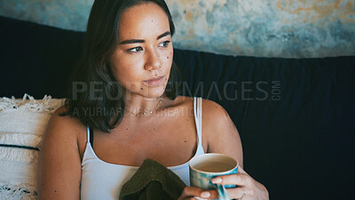 Buy stock photo Coffee, thinking and woman in home in morning for reflection, thoughtful and wondering. House, relax and person on sofa with tea, drink and beverage for daydreaming, nostalgia and calm on weekend