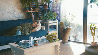 Buy stock photo Sick, fatigue and woman with sleeping on sofa for flu burnout, viral infection or disease recovery. Respiratory illness, tired person or rest with blanket in home for healing, low energy or exhausted