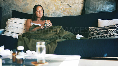 Buy stock photo Sick, thinking and woman with herbal tea on sofa for flu recovery, health benefits and reflection. Blanket, person and resting with ginger beverage in home for disease treatment and ideas for healing