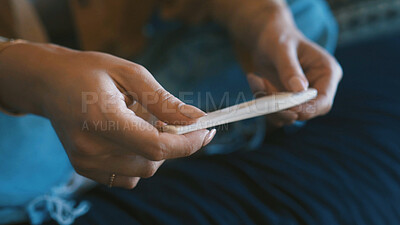 Buy stock photo Pregnancy test, hands of woman on couch with wait, maternity or hope in fertility outcome. Healthcare, check and female person in home with medical stick, IVF and motherhood kit expectations.