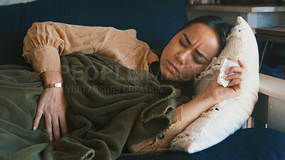 Buy stock photo Home, sick and woman on sofa, stomach pain and menstrual cramps in living room. Apartment, bowel ache and person on couch, resting and ibs with constipation, endometriosis and diarrhea with virus