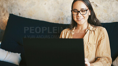 Buy stock photo Student, laptop and smile with woman on sofa for college essay, online course and research thesis. University assignment, scholarship application and learning with person in living room of home