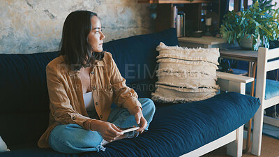 Buy stock photo Pregnancy test, result and woman on couch with anxiety, maternity or wait in fertility outcome. Health, worry and female person in living room with medical stick, IVF and news in infertility risk.