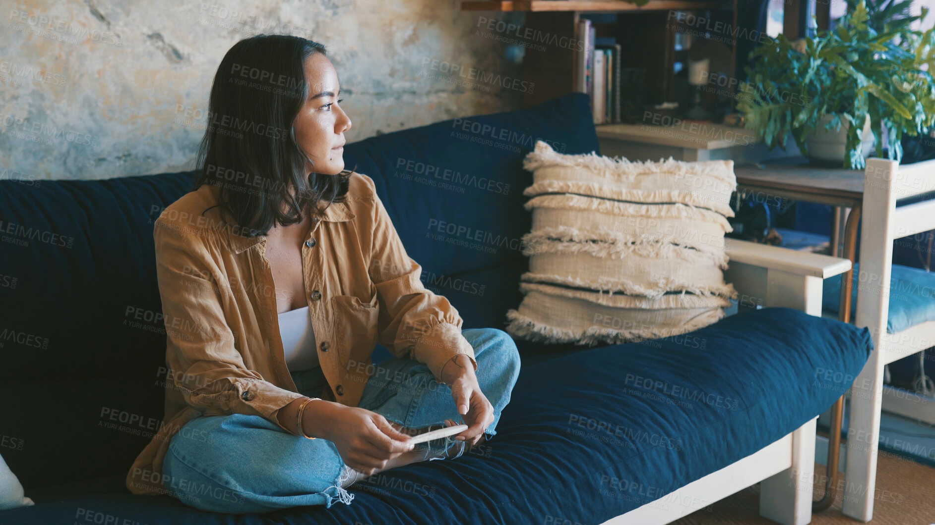 Buy stock photo Pregnancy test, result and woman on couch with anxiety, maternity or wait in fertility outcome. Health, worry and female person in living room with medical stick, IVF and news in infertility risk.