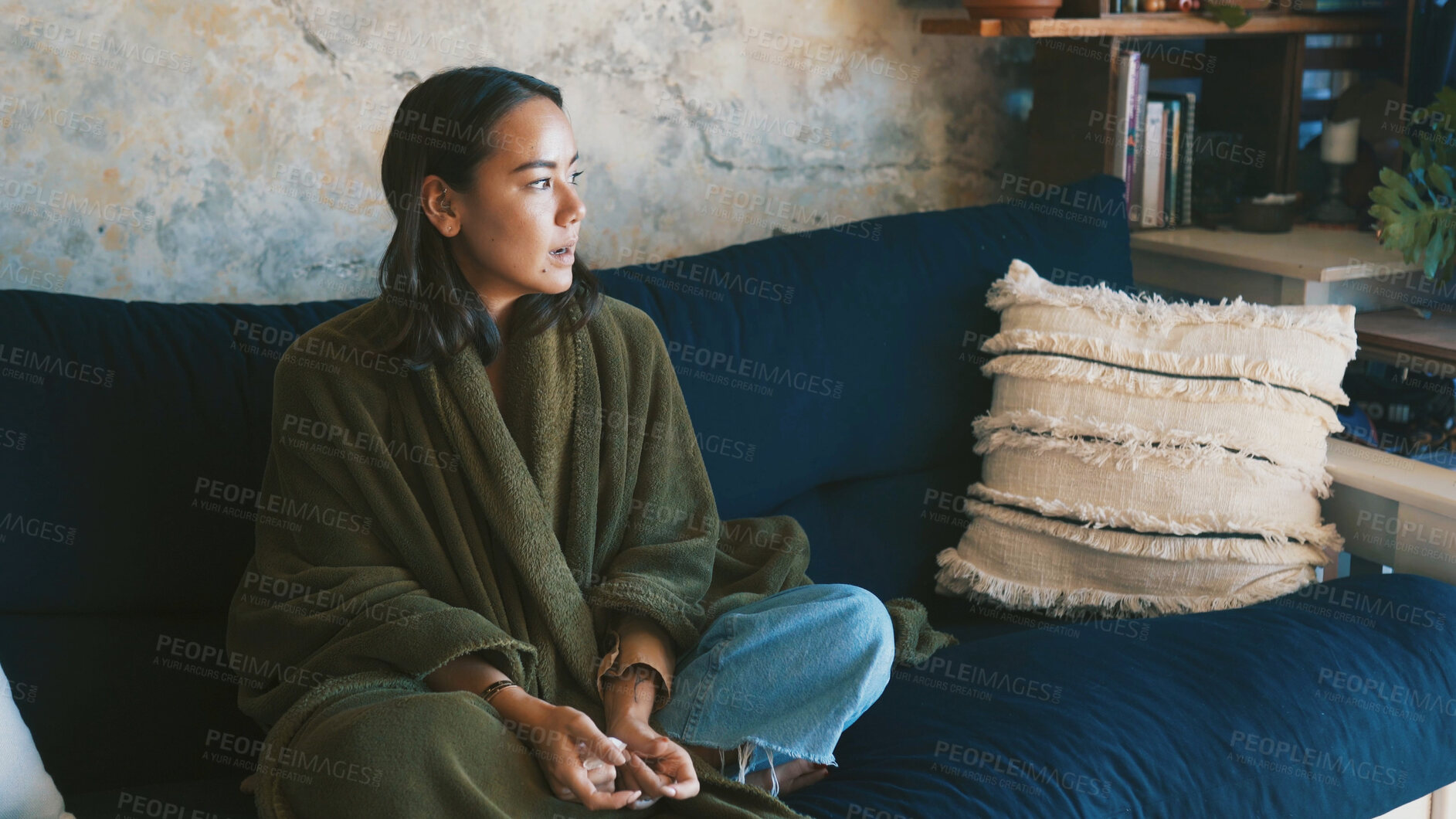 Buy stock photo Thinking, home and woman on sofa, sick and relax with contemplation in living room. Apartment, morning and person on couch, wonder and ponder with weekend break, calm and thoughtful with peace