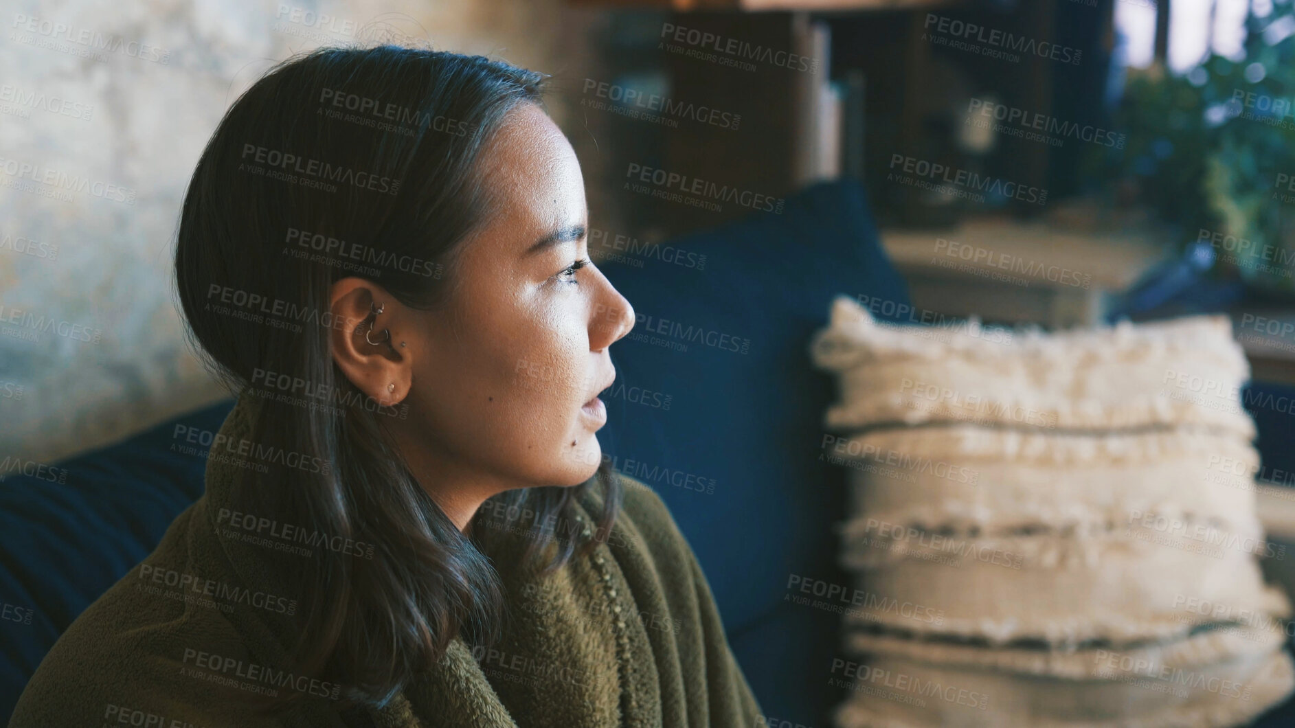 Buy stock photo Happy, thinking and woman on sofa, wonder and inspiration with weekend break, home and calm. Apartment, relax and person on couch, ponder and reflection with contemplation and daydreaming in lounge