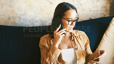 Buy stock photo Phone call, credit card and talking with woman on sofa for ecommerce, fintech and digital payment. Online banking, password verification and contact with person in living room of home for order