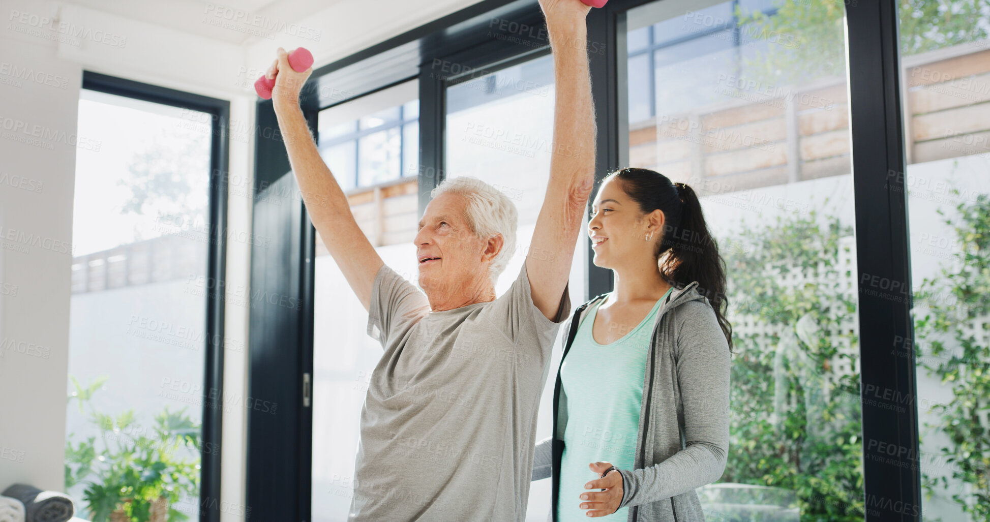 Buy stock photo Physiotherapy, dumbbells and woman with senior man for mobility, rehabilitation and physical therapy. Healthcare, chiropractor and patient with weights for stretching, muscle recovery and strength