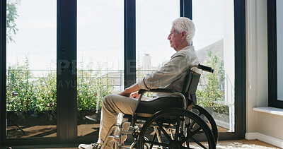 Buy stock photo Wheelchair, old man and thinking at window in home with happy memory, remember and injury recovery. View, elderly person with disability and reflection in retirement for rehabilitation and nostalgia