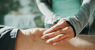 Buy stock photo Hands, knee massage and physiotherapist with old person, recovery and rehabilitation. Closeup, pain relief or professional with medical treatment, healthcare or osteoporosis with joint injury or ache