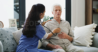Buy stock photo Home, stethoscope and old man on sofa, nurse and breathing with healthcare, test and advice. Caregiver, apartment and senior patient on couch, medical service and lung disease with assessment