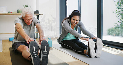 Buy stock photo Stretching, physiotherapist and workout with old man, clinic and exercise to improve posture or heal. Fitness, wellness and elderly patient with woman, retirement and training for rehabilitation