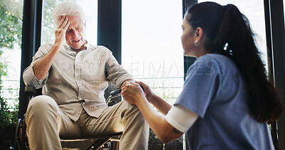 Buy stock photo Wheelchair, nurse and senior man holding hands for empathy, consulting and medical service. Healthcare, retirement home and caregiver with support for elderly person with disability for grief or sad