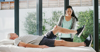 Buy stock photo Physiotherapy, stretching legs or old man in center, checkup or mobility support in rehabilitation. Healthcare, assessment or specialist in clinic with aid, injury or assistance in muscle recovery.