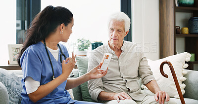 Buy stock photo Nurse, pills and help with old man on sofa for medical treatment, support or consulting. Medicine, dosage and caregiver with senior patient and woman in living room of home for healthcare advice