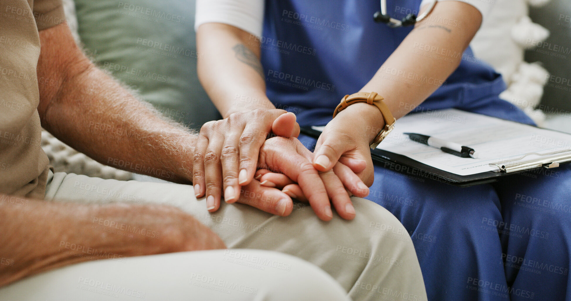 Buy stock photo Clipboard, empathy and nurse holding hands with old person in clinic for consulting or support. Healthcare, rehabilitation or retirement with caregiver and senior patient in session for medical care