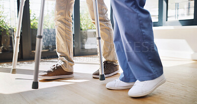 Buy stock photo Physiotherapy, legs or people in center with walker, checkup or mobility support in rehabilitation. Healthcare, help or nurse in clinic with walking aid, consultation or assistance in muscle recovery