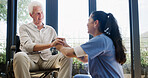 Wheelchair, nurse and elderly person holding hands for smile, consulting and medical service. Healthcare, retirement home and caregiver with support for senior man with disability for help or trust