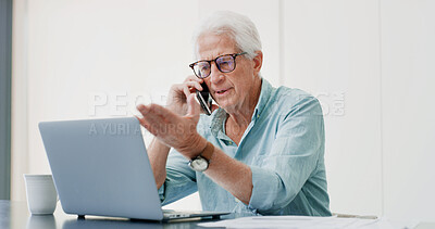 Buy stock photo Phone call, laptop and research with old man in home for retirement fund, asset management and credit score. Contact, online banking and pension account report with senior person in apartment