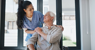 Buy stock photo Wheelchair, nurse and elderly man holding hands for care, consulting and medical service. Healthcare, retirement home and caregiver with support for senior person with disability for help or trust