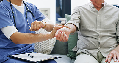 Buy stock photo Nurse, pulse and hands of old man on sofa for consulting, heart rate and medical advice. Treatment plan, healthcare exam and retirement with senior patent and caregiver in nursing home for support