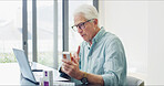 Video call, pills and laptop with old man in home for dosage, telehealth contact and side effects. Virtual consultation, online pharmacy and doctor advice with senior person for prescription