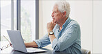Old man, reading or laptop in home for retirement planning, pension policy or finance management. Elderly person, computer or review with inheritance info, estate preparation and trust fund website.