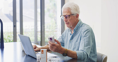 Buy stock photo Reading, pills and laptop with old man in home for dosage instruction, medicine and side effects. Research, online pharmacy and medical information with senior person in apartment for prescription