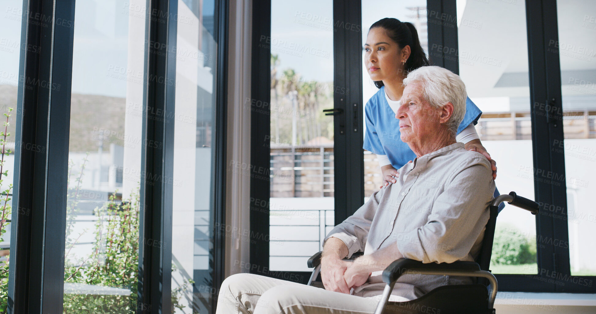 Buy stock photo Wheelchair, nurse and elderly man by window for support, care and medical service. Healthcare, retirement home and caregiver with thinking for senior person with disability for view or rehabilitation