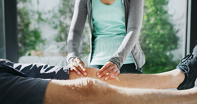 Buy stock photo Hands, knee massage and physical therapist with old person, recovery and osteoporosis. Healthcare, pain relief and professional with medical treatment, wellness and healing with joint injury and ache