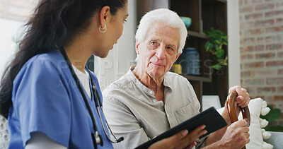 Buy stock photo Nurse, tablet and help with old man on sofa for consulting, online report and medical advice. Digital plan, healthcare exam and retirement with senior patent and caregiver in nursing home for support