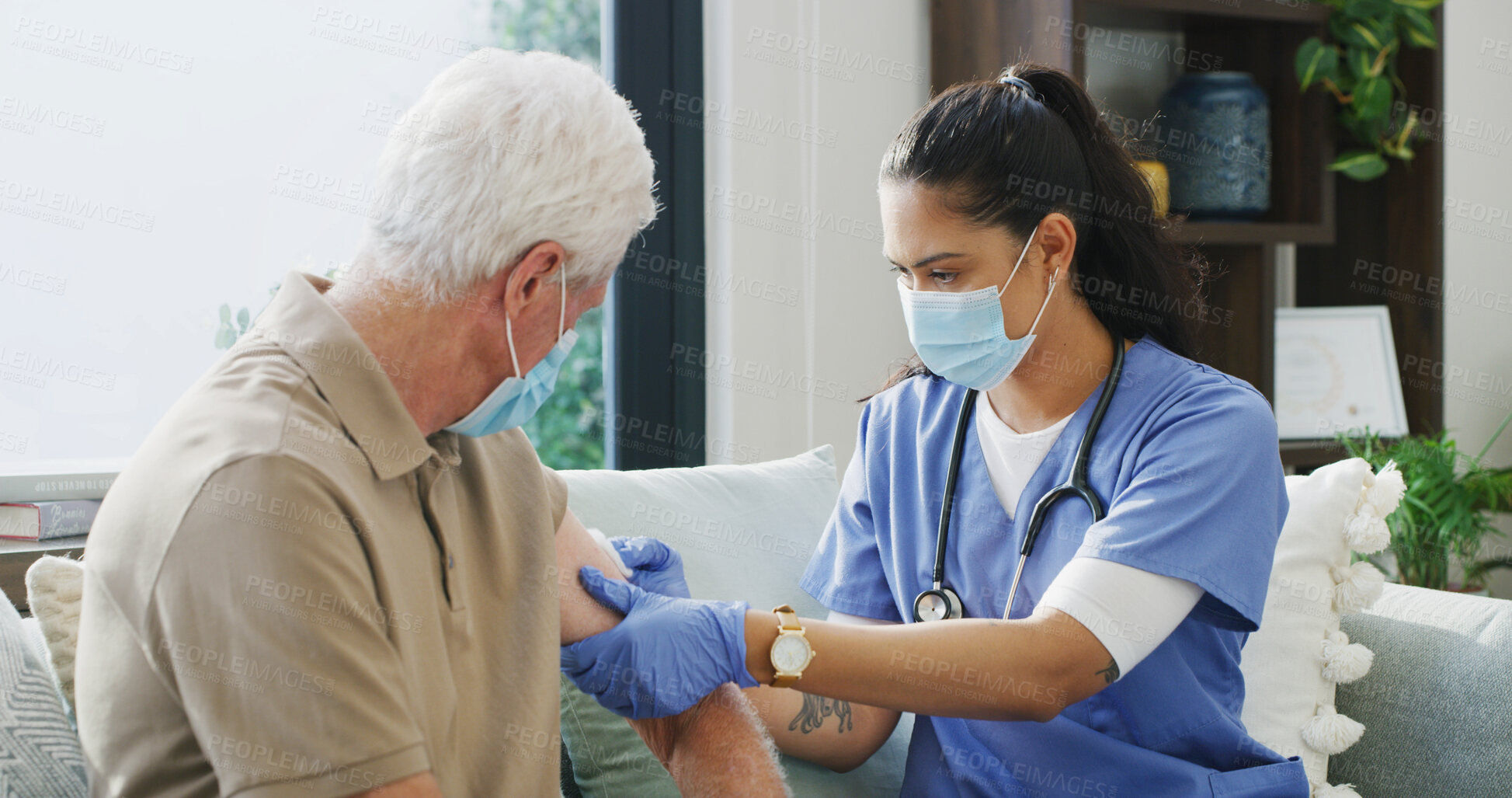 Buy stock photo Nurse, vaccine and help with old man on sofa for medical treatment, support or consulting. Medicine, injection and caregiver with senior patient and woman in living room of home for healthcare advice