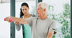 Physiotherapy, weights and woman with old man for mobility, rehabilitation and physical therapy. Healthcare, chiropractor and patient with dumbbells for stretching, muscle recovery and strength