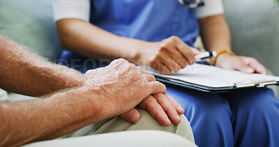 Buy stock photo Nurse, hands and clipboard with old man on sofa for consulting, report and medical advice. Treatment plan, healthcare exam and retirement with senior patent and caregiver in nursing home for support