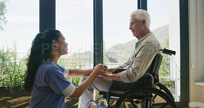Buy stock photo Holding hands, caregiver and senior man with wheelchair, support and counseling in nursing home. Healthcare, nurse and elderly person with disability, conversation and comfort for care in retirement