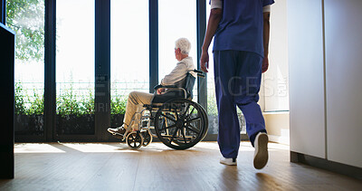 Buy stock photo Senior man, wheelchair and thinking in nursing home, support or healthcare with nurse walking. Reflection, caregiver and elderly person with disability, retirement or window view with assisted living