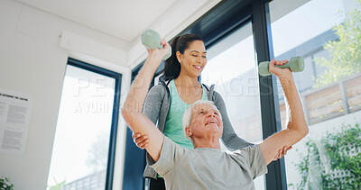 Buy stock photo Personal trainer, senior man or dumbbell to support physical health, strength training or workout. Retirement fitness, below or coach helping with weightlifting challenge, people or wellness exercise