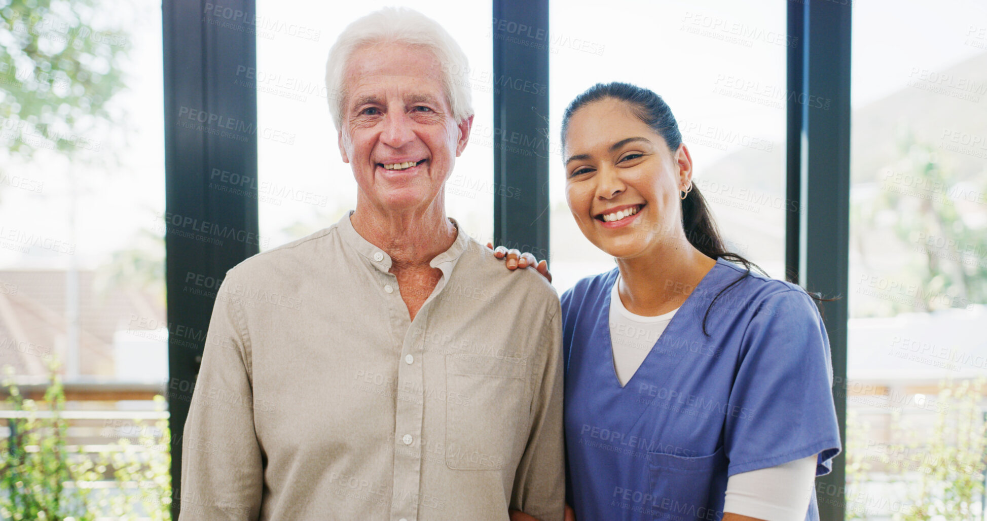 Buy stock photo Assisted living, portrait and smile of nurse with old man in retirement home for rehabilitation or support. Healthcare, service or trust with caregiver and senior patient in apartment for wellness