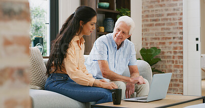 Buy stock photo Laptop, help and daughter with old man on sofa for support, reunion or bonding. Retirement home, love and teaching with senior father and woman in living room of apartment for family visit and online
