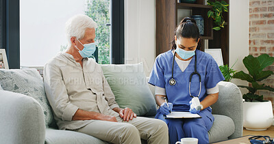 Buy stock photo Nurse, clipboard and face mask with old man on sofa for consulting, tuberculosis or medical advice. Disease, healthcare exam and retirement with senior patient and female caregiver in nursing home