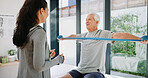 Resistance band, stretching and old man with physiotherapist, muscle recovery and consultation. Mature patient, people and equipment with wellness, rehabilitation and medical service with mobility