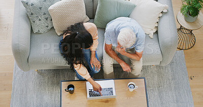 Buy stock photo Laptop, above and daughter with old man on sofa for support, dementia routine and bonding. Retirement home, online schedule and medicine checklist with senior father and woman for family visit